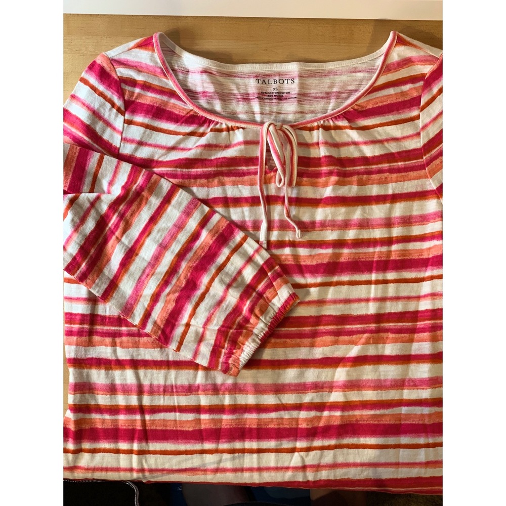 Talbots Striped‎ Tie Neck 3/4 length Sleeve Top Blouse Pink Orange White XS - Picture 3 of 8
